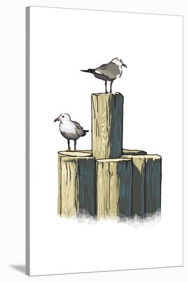 Gulls on Pilings - Icon-Lantern Press-Stretched Canvas