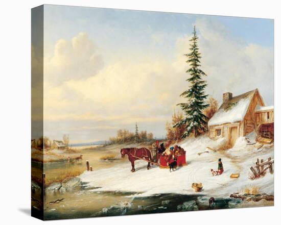 Habitants by a Frozen River-Cornelius Krieghoff-Stretched Canvas