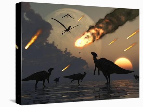 Hadrosaurs Graze Peacefully as Burning Meteors Fall Through the Sky-Stocktrek Images-Premier Image Canvas