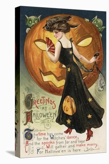 Halloween Greeting - Witch Dancing and Pumpkin-Lantern Press-Stretched Canvas
