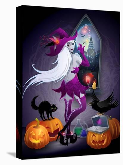 Halloween Illustration : a Beautiful Witch Looking at a New York City-feoris-Stretched Canvas