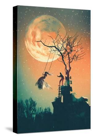Halloween Night Background With Man Pushing Woman On Swing Illustration Painting Art Print Tithi Luadthong Art Com