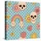 Halloween Seamless Pattern with Hippie Groovy Bony Scull with Rainbow and Daisy Flowers. Boho Aesth-Svetlana Shamshurina-Premier Image Canvas