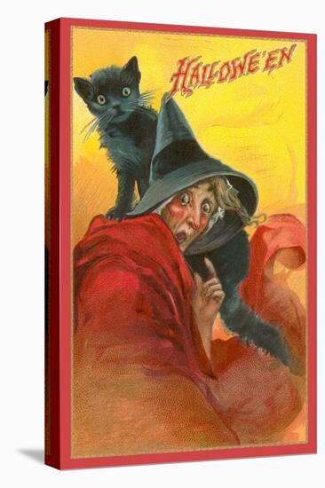 Halloween, Startled Witch and Cat-null-Stretched Canvas