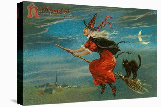 Halloween, Witch and Cat on Broom-null-Stretched Canvas