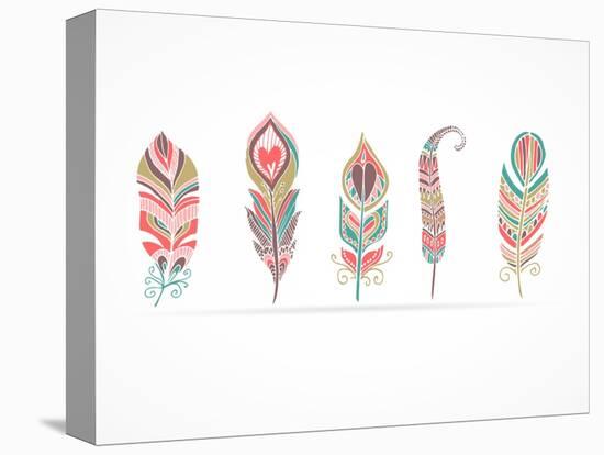 Hand Drawn Bohemian, Tribal, Ethnic Feathers. Colorful Set-Marish-Stretched Canvas