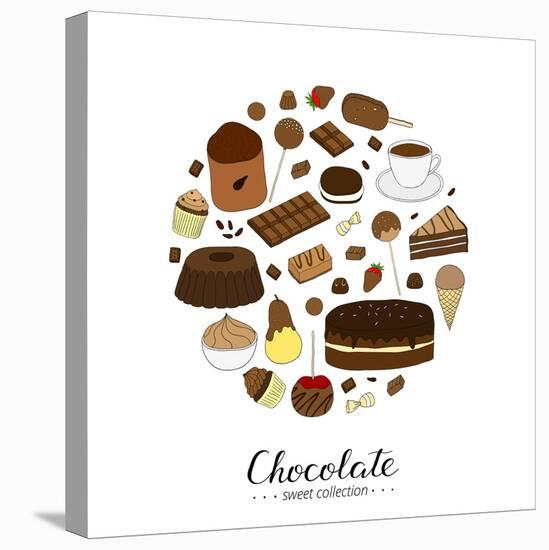 Hand Drawn Chocolate Products in Circle Shape. Cocoa, Chocolate Cake, Cupcake, Bundt, Ice Cream, Ca-Minur-Stretched Canvas