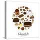 Hand Drawn Chocolate Products in Circle Shape. Cocoa, Chocolate Cake, Cupcake, Bundt, Ice Cream, Ca-Minur-Stretched Canvas