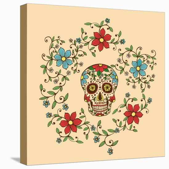 Hand Drawn Day of the Dead Colorful Skull with Floral Ornament in Flower Garland-a_bachelorette-Stretched Canvas