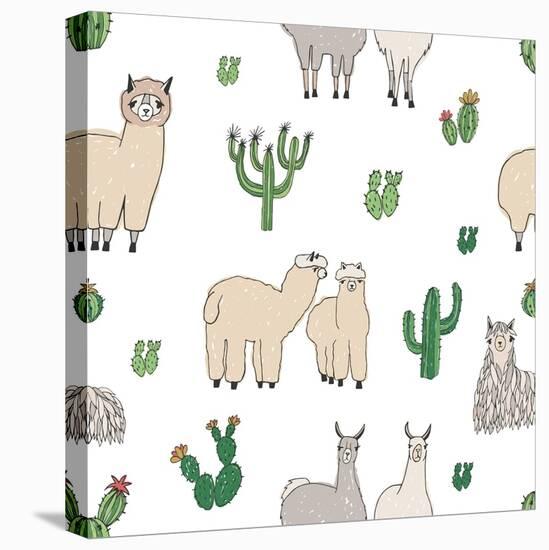 Hand Drawn Doodle Seamless Pattern with Alpaca, Llama, Cactuses-GoodStudio-Stretched Canvas