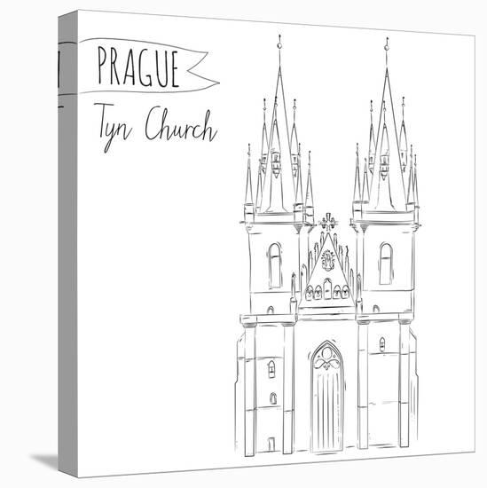 Hand Drawn Illustration of Tyn Church Building in Prague, Czech Republic.-kotoko-Stretched Canvas