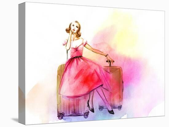 Hand Drawn Traveling Woman with Luggage-Anna Ismagilova-Stretched Canvas