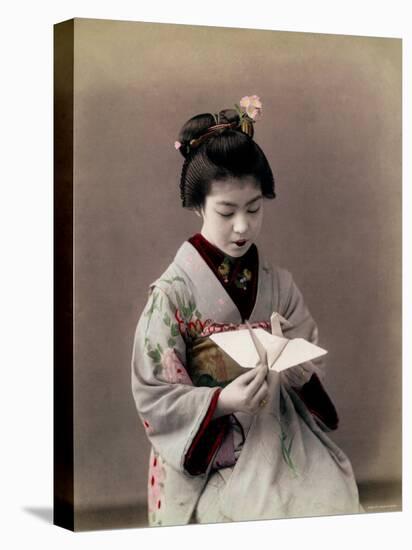 Hand Tinted Photograph of Japanese Dancing Girl Making Paper Bird-null-Premier Image Canvas