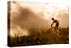 Happy Couple Riding Bicycles Outside, Healthy Lifestyle Fun Concept. Silhouette at Sunset Panoramic-warrengoldswain-Premier Image Canvas