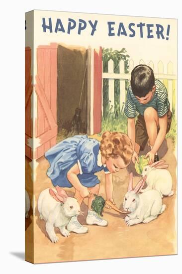 Happy Easter, Children Feeding Rabbits-null-Stretched Canvas