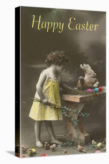 Happy Easter, Victorian Girl with Hen on Table-null-Stretched Canvas