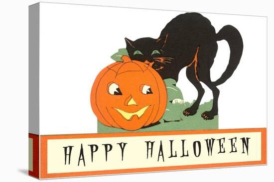 Happy Halloween, Cat and Jack O'Lantern-null-Stretched Canvas