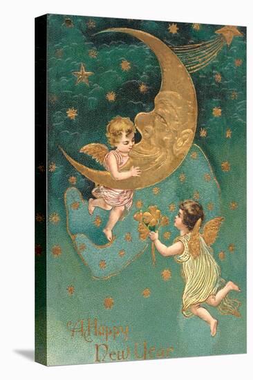 Happy New Year, Cherubs at Moon-null-Stretched Canvas