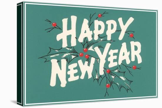 Happy New Year, Holly on Blue-Gray Background-null-Stretched Canvas