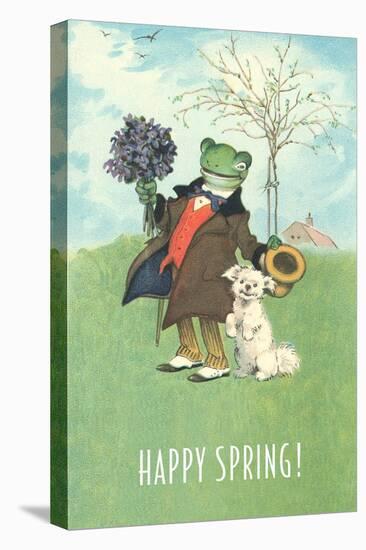 Happy Spring, Dressed Frog and Dog-null-Stretched Canvas