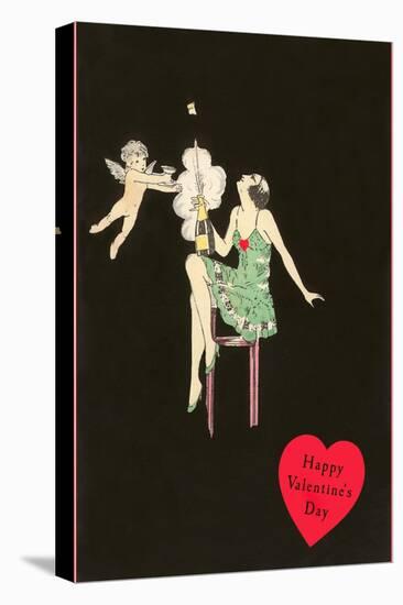 Happy Valentines Day, Flapper Popping Champagne Bottle-null-Stretched Canvas