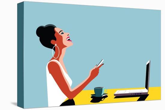 Happy Young Beautiful Woman Using Smartphone and Laptop, Indoors. Retro Vintage Illustration, Pop A-ralwel-Stretched Canvas