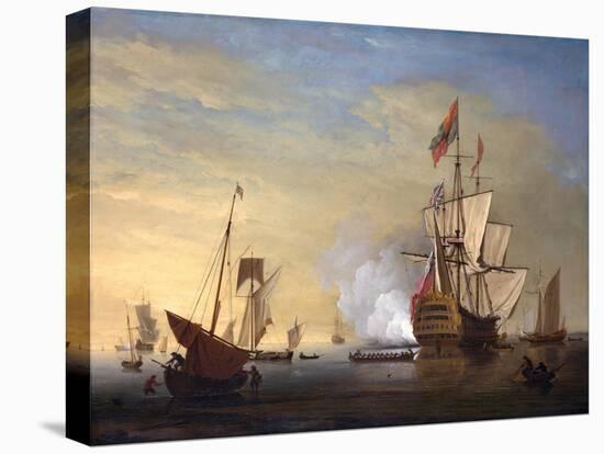 Harbor Scene: an English Ship with Sails Loosened Firing a Gun-Peter Monamy-Premier Image Canvas