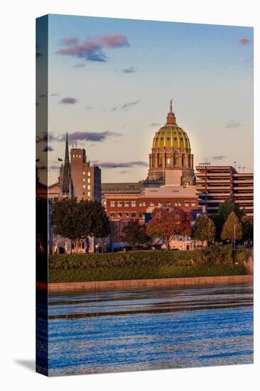 HARRISBURG, PENNSYLVANIA, City skyline and State Capitol shot at dusk from Susquehanna River-null-Premier Image Canvas