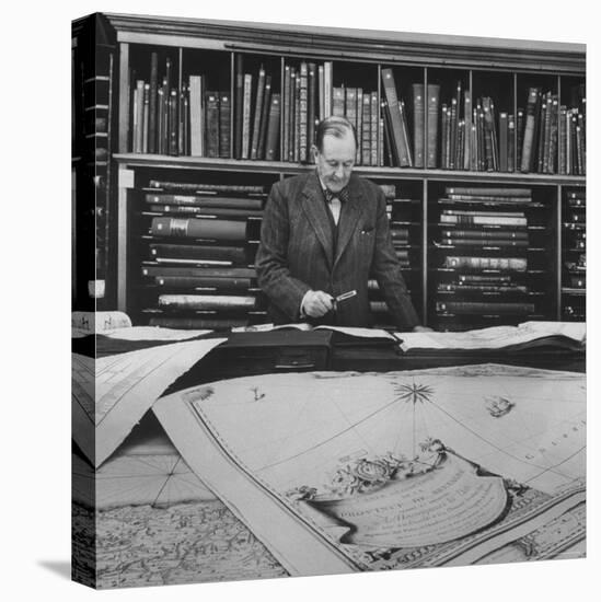 Harvard University Professor Sammuel Eliot Morison Studying a Map in One of Harvard's Libraries-Dmitri Kessel-Premier Image Canvas