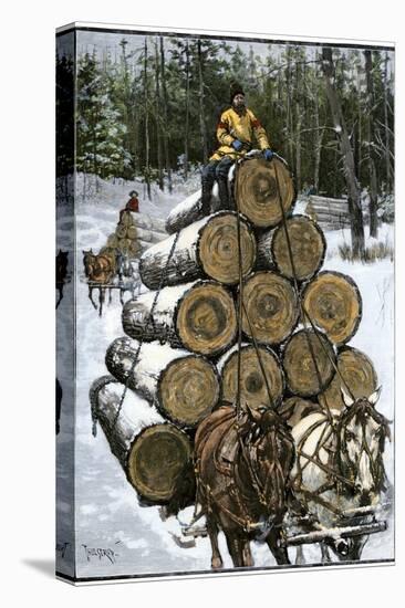 Hauling Logs with a Horse-Drawn Sledge in Northern Wisconsin, 1880s-null-Premier Image Canvas