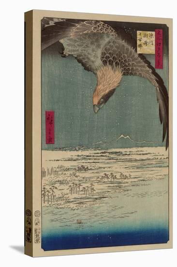 Hawk Flying Above a Snowy Landscape Along the Coastline.-Ando Hiroshige-Stretched Canvas