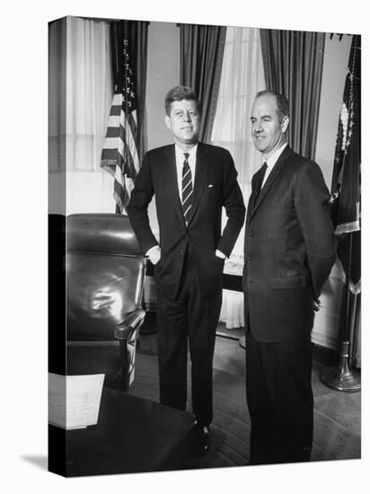 Head of 'Food for Peace' Program George S. Mcgovern with Pres. John F. Kennedy at White House-null-Premier Image Canvas