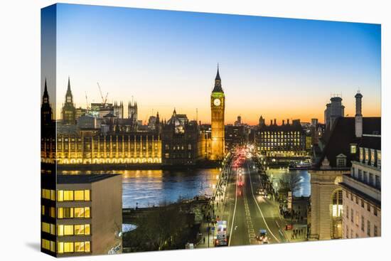 High angle view of Big Ben, the Palace of Westminster and Westminster Bridge at dusk, London, Engla-Fraser Hall-Premier Image Canvas