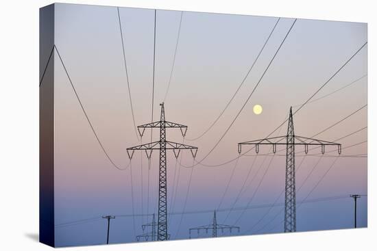 High-Tension Line, Moon, Dusk, Bavaria, Germany-Raimund Linke-Premier Image Canvas