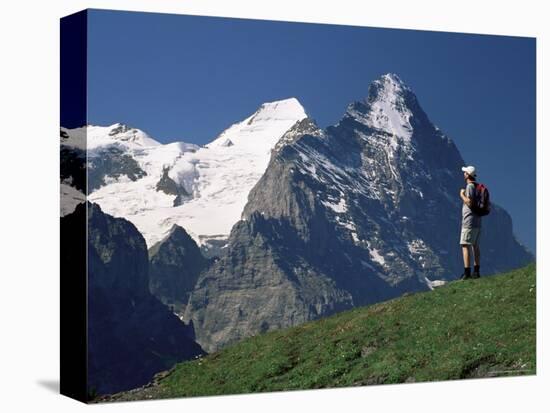 Hiker Looking to the Snow-Covered Monch and the North Face of the Eiger, Swiss Alps, Switzerland-Ruth Tomlinson-Premier Image Canvas