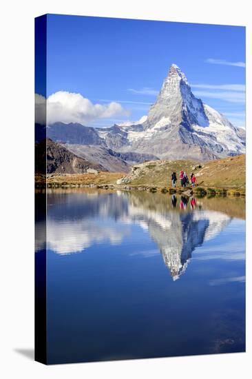 Hikers Walking on the Path Beside the Stellisee with the Matterhorn Reflected-Roberto Moiola-Premier Image Canvas