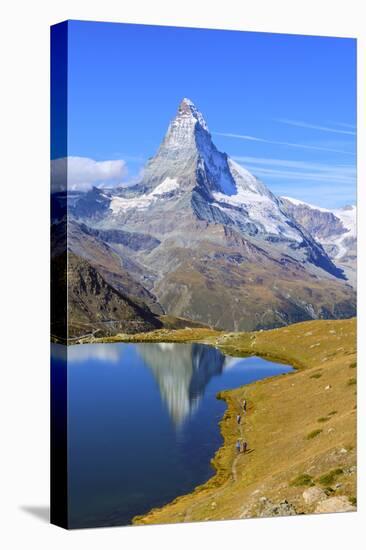 Hikers Walking on the Path Beside the Stellisee with the Matterhorn Reflected-Roberto Moiola-Premier Image Canvas