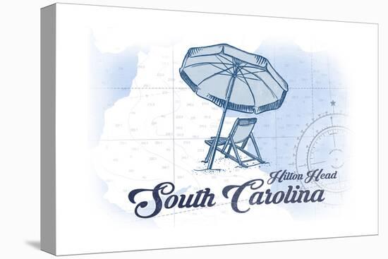 Hilton Head, South Carolina - Beach Chair and Umbrella - Blue - Coastal Icon-Lantern Press-Stretched Canvas