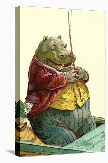 Hippo in Three-Piece Suit Fishing-null-Stretched Canvas