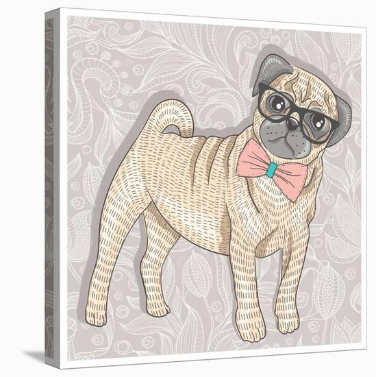 Hipster Pug with Glasses and Bowtie. Cute Puppy Illustration for Children and Kids. Dog Background.-cherry blossom girl-Stretched Canvas