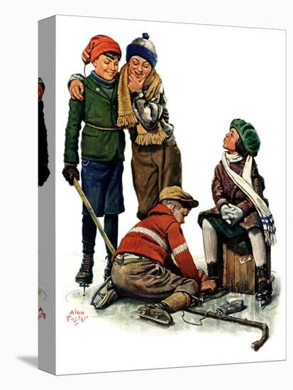 "Hockey Waits, Tying Skates,"December 17, 1927-Alan Foster-Premier Image Canvas