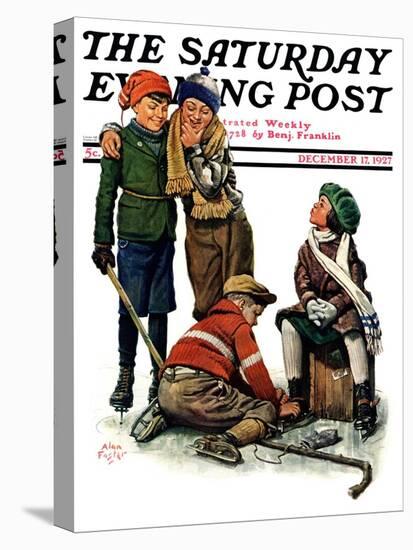 "Hockey Waits, Tying Skates," Saturday Evening Post Cover, December 17, 1927-Alan Foster-Premier Image Canvas
