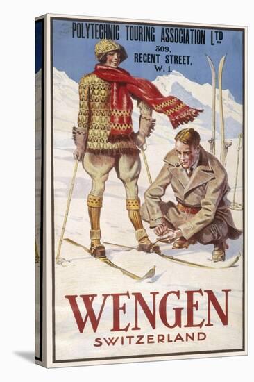 Holiday Poster for Wengen in Switzerland Showing a Couple Skiing-null-Premier Image Canvas