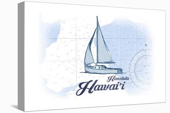 Honolulu, Hawaii - Sailboat - Blue - Coastal Icon-Lantern Press-Stretched Canvas