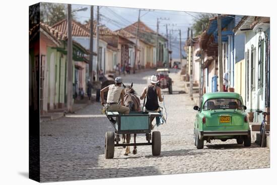 Horse and Cart and Vintage American Car on Cobbled Street in the Historic Centre of Trinidad-Lee Frost-Premier Image Canvas