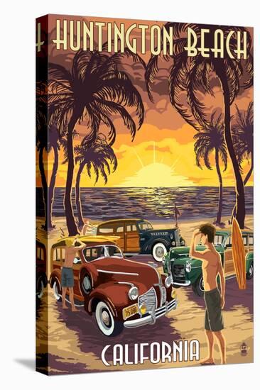 Huntington Beach, California - Woodies and Sunset-Lantern Press-Stretched Canvas