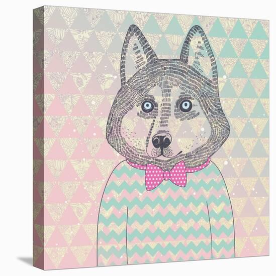 Husky Hipster Dog. Concept Cartoon Illustration in Modern Colors. Cute Dog on Seamless Pattern. Chi-smilewithjul-Stretched Canvas