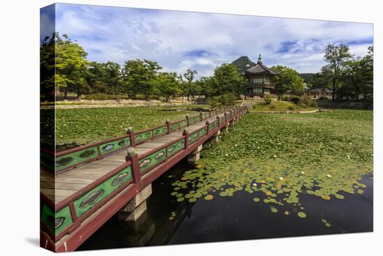 Hyangwonjeong Pavilion and Chwihyanggyo Bridge over Water Lily Filled Lake in Summer, South Korea-Eleanor Scriven-Premier Image Canvas