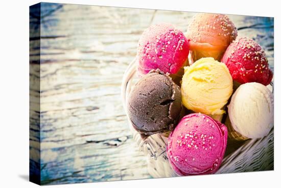 Ice Cream Scoops on Wooden Table, Close-Up.-Kesu01-Premier Image Canvas