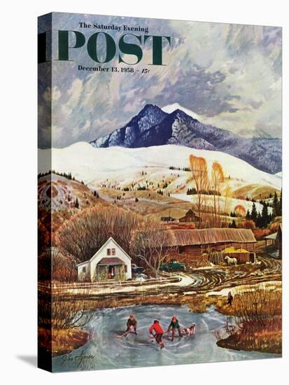 "Ice Hockey on Mountain Pond" Saturday Evening Post Cover, December 13, 1958-John Clymer-Premier Image Canvas